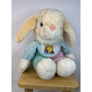 VTG‎ Peek A Boo BUNNY RABBIT Plush GREEN PINK BLUE Color Block W/ Bib 15" Peach